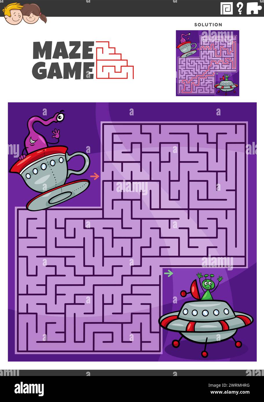 Cartoon illustration of educational maze puzzle activity with funny ...