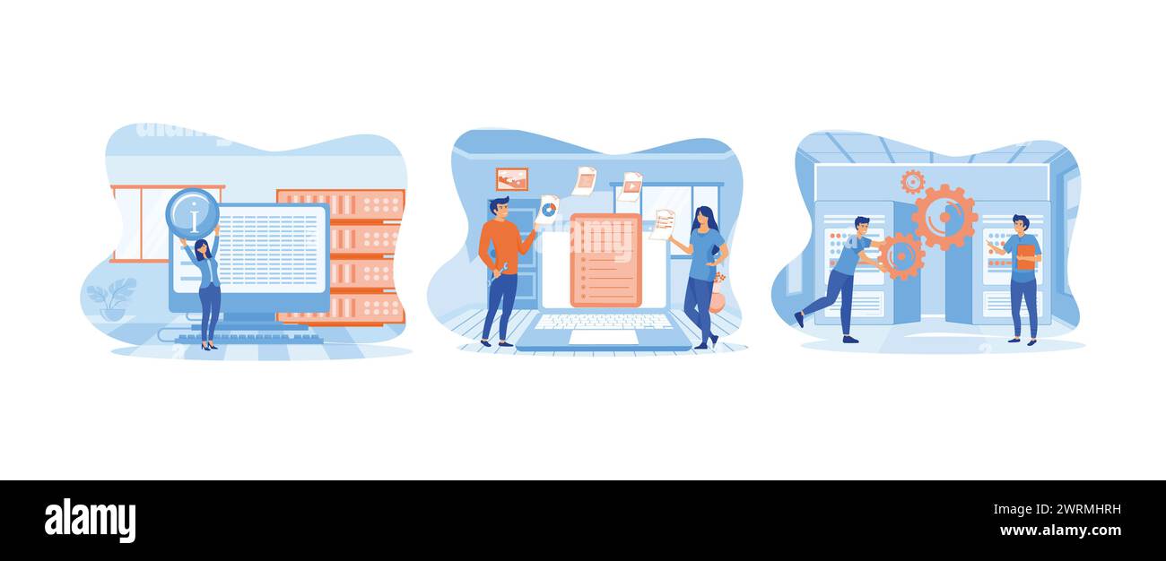 management information system. analyzing document management. Big data job. Data management set flat vector modern illustration Stock Vector