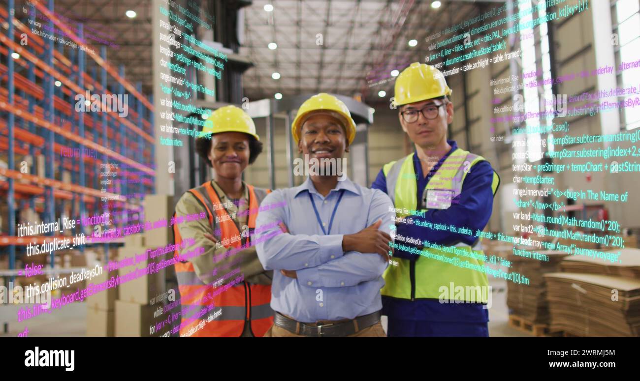 Image of financial data processing over diverse people working in ...