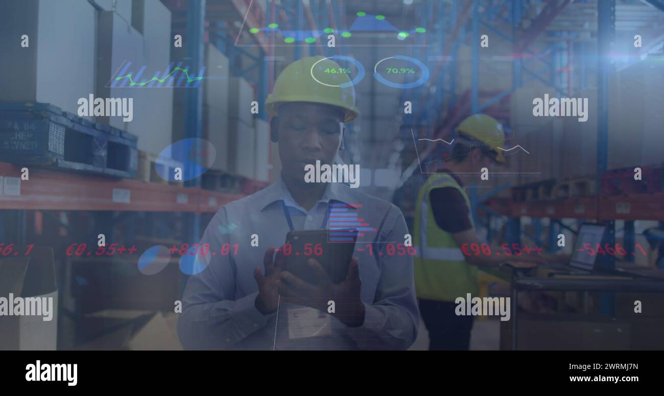 Image of financial data processing over diverse people working in ...