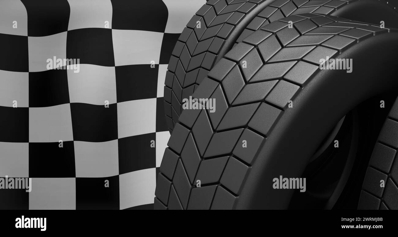 Image of tyres over finishing line Stock Photo