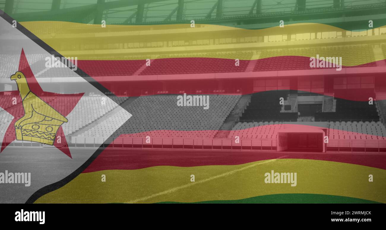 Image of zimbabwe waving flag over sport stadium Stock Photo