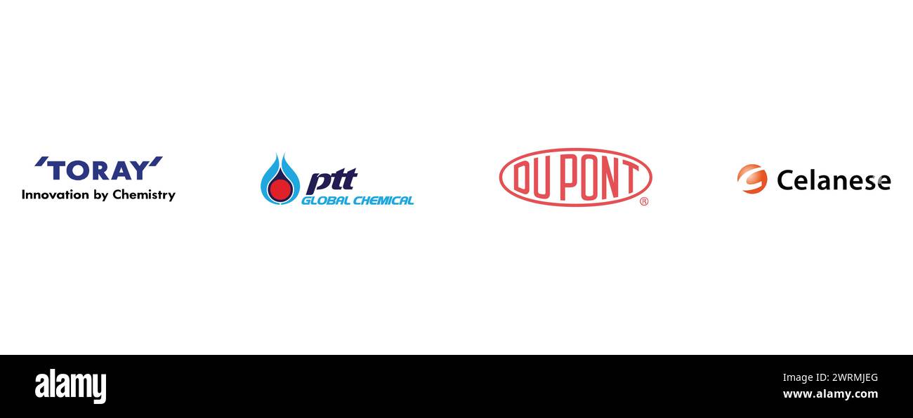 PTT GLOBAL CHEMICAL, TORAY, DU PONT, CELANESE. Editorial vector brand logo collection. Stock Vector