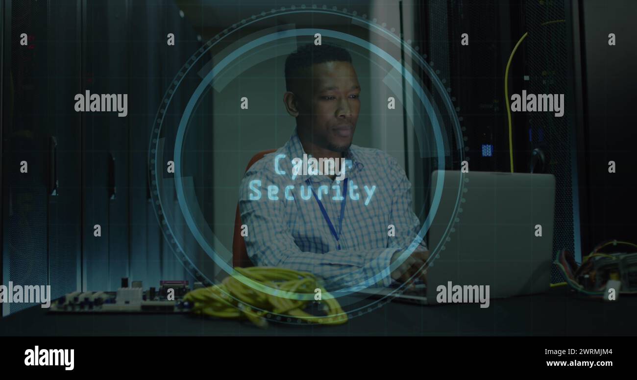 Image of eye icon over african american male server room worker Stock ...