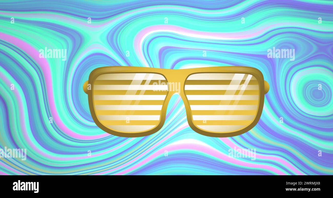 Image of glasses over moving colourful liquid background Stock Photo