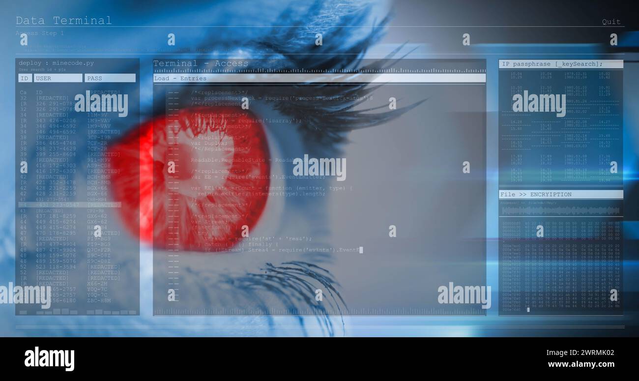 Image of woman's red eye with interface and fast scrolling digital information Stock Photo