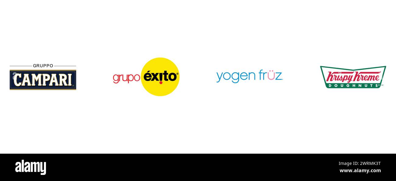 KRISPY KREME, CAMPARI GROUP, GRUPO EXITO, YOGEN FRUZ. Editorial vector brand logo collection. Stock Vector