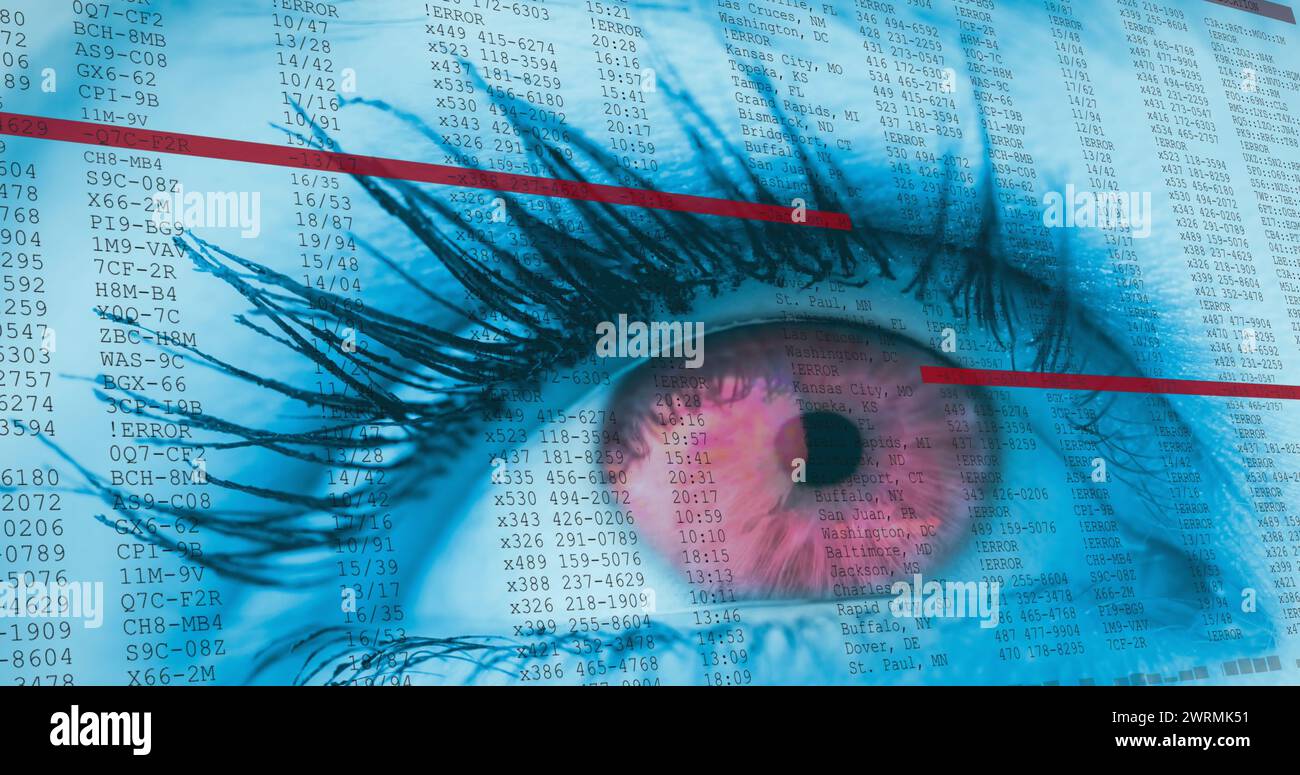 Image of woman's red eye opening with scrolling digital information and moving red lines Stock Photo
