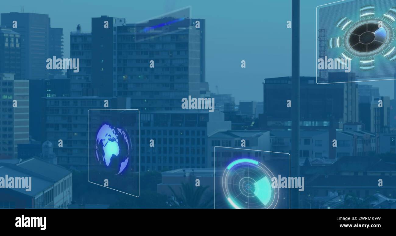 Image of scopes scanning and data processing over cityscape Stock Photo ...