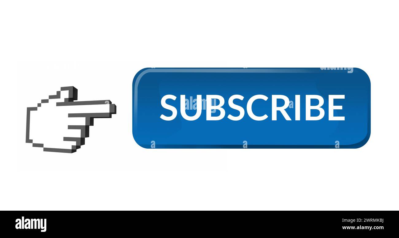 Blue subscription button with moving hand icon on white background in ...