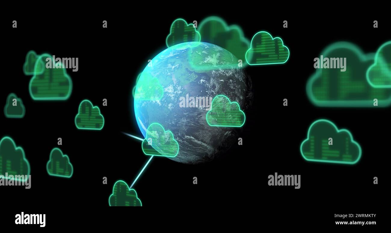 Image of cloud icons and data processing over globe Stock Photo - Alamy