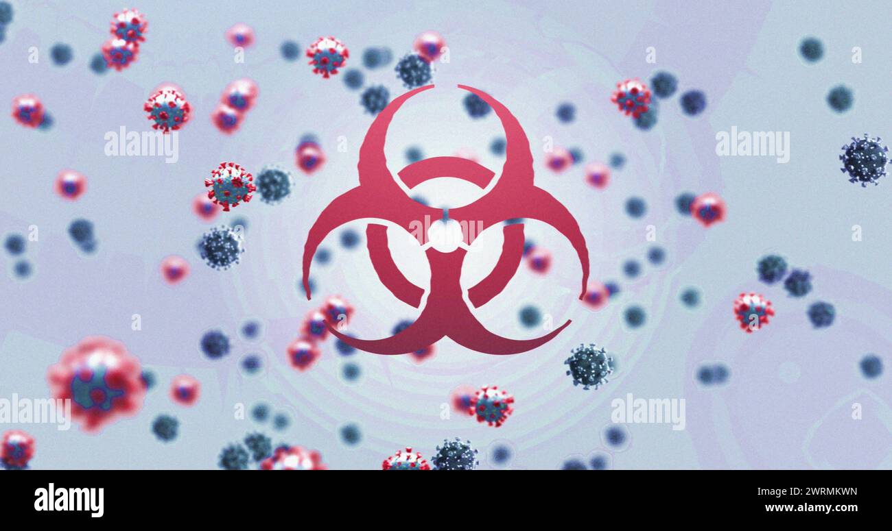 Image of biohazard sign and covid 19 cells floating over white background Stock Photo