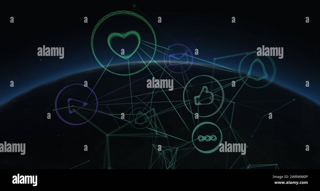Image of network of connections with digital icons and data processing on screens over globe Stock Photo