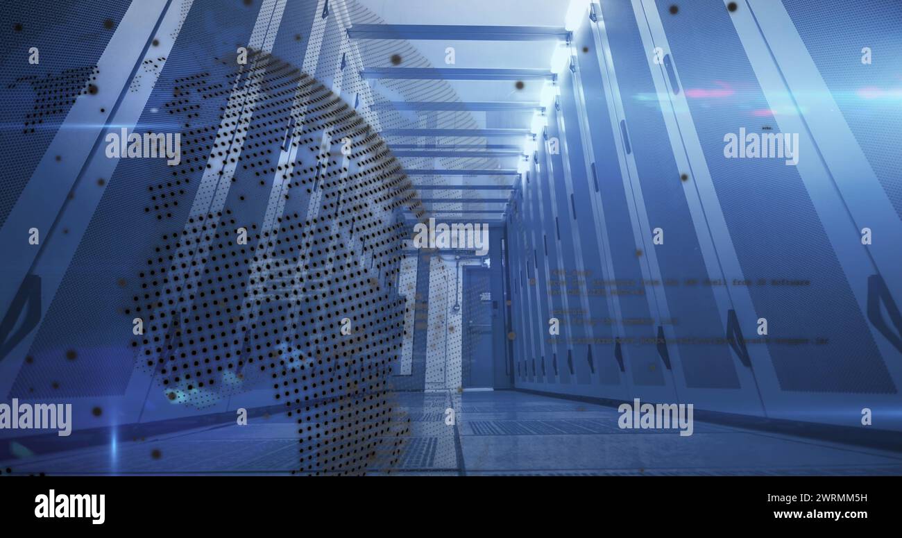 Spinning Computer Processing Data processing over spinning globe against computer server room Stock ...