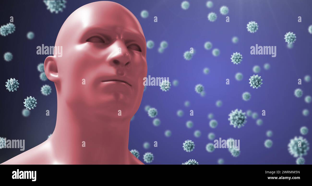 Image of human bust and covid 19 cells floating over purple background Stock Photo