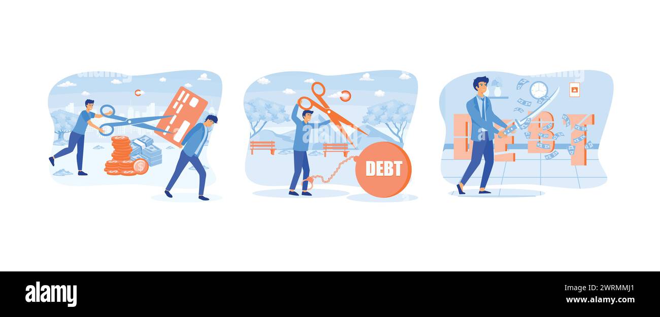 Credit Card. Businessman uses pliers to cut the chain and free himself from the metal ball debt. Cut debt. Cut debt set flat vector modern illustratio Stock Vector