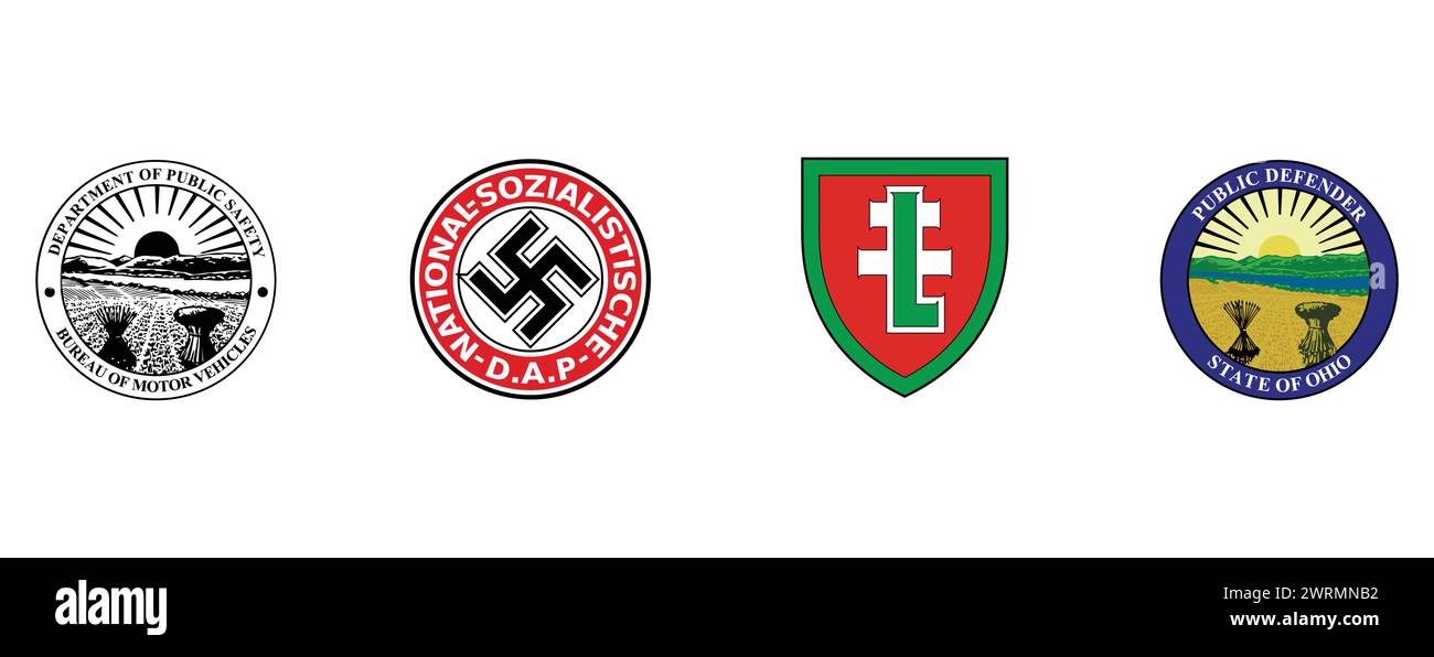 HUNGARY POLITICAL HISTORY LEVENTE, NSDAP, OHIO PUBLIC DEFENDER, OHIO BUREAU OF MOTOR VEHICLES. Editorial vector logo collection. Stock Vector