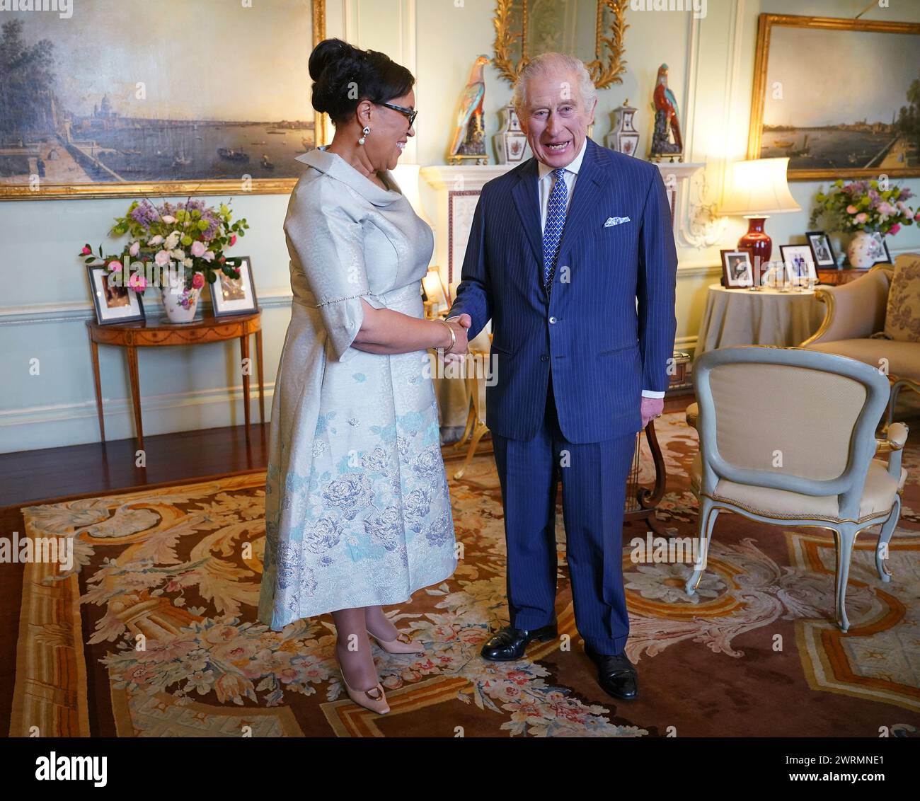 King Charles III during an audience with Commonwealth Secretary General, Baroness Scotland of Asthal, at Buckingham Palace, London. Picture date: Wednesday March 13, 2024. Stock Photo