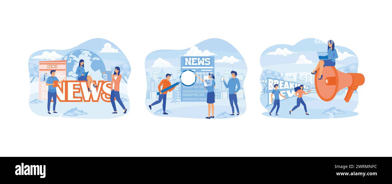 People around news sign sitting and reading newspapers. Tiny people read breaking news on newspaper. Tiny people listening to the latest news. set fla Stock Vector