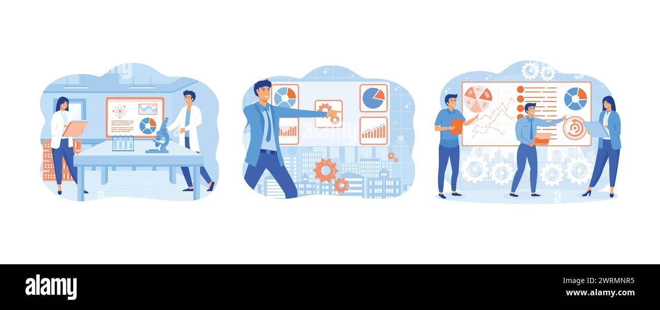 Business data analysis research. Data scientist looking and interacting with virtual dashboard. Big data science analysis. set flat vector modern illu Stock Vector