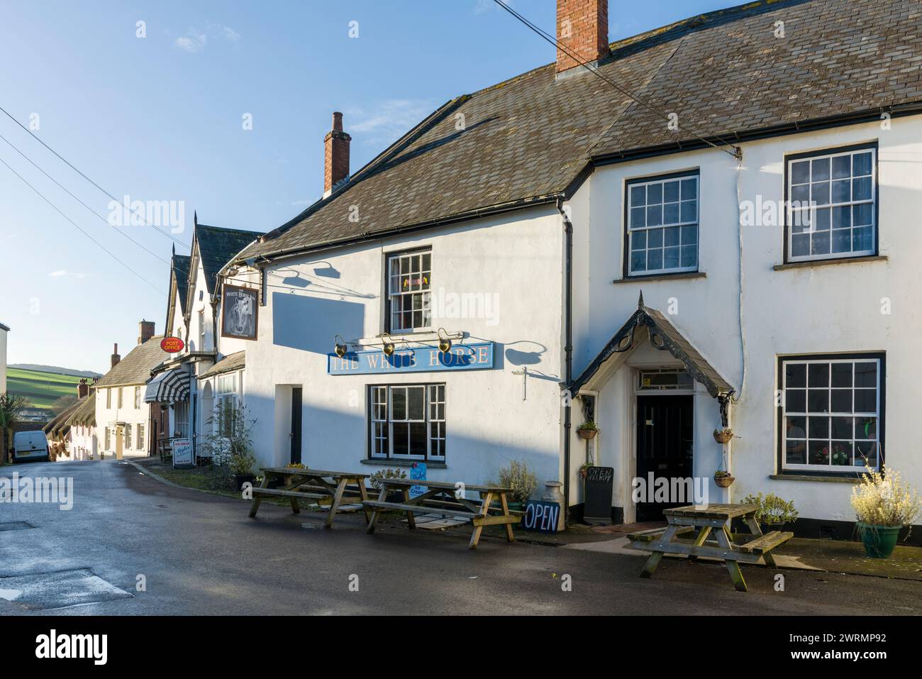 The White Horse public house on the High Street of Stogumber village in Somerset, England. Stock Photo