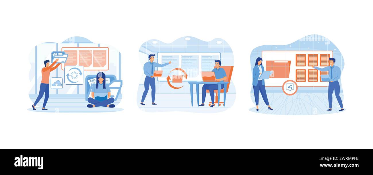 File sharing. Transfer documentation. People send files for business. Electronic document management. Set flat vector modern illustration Stock Vector