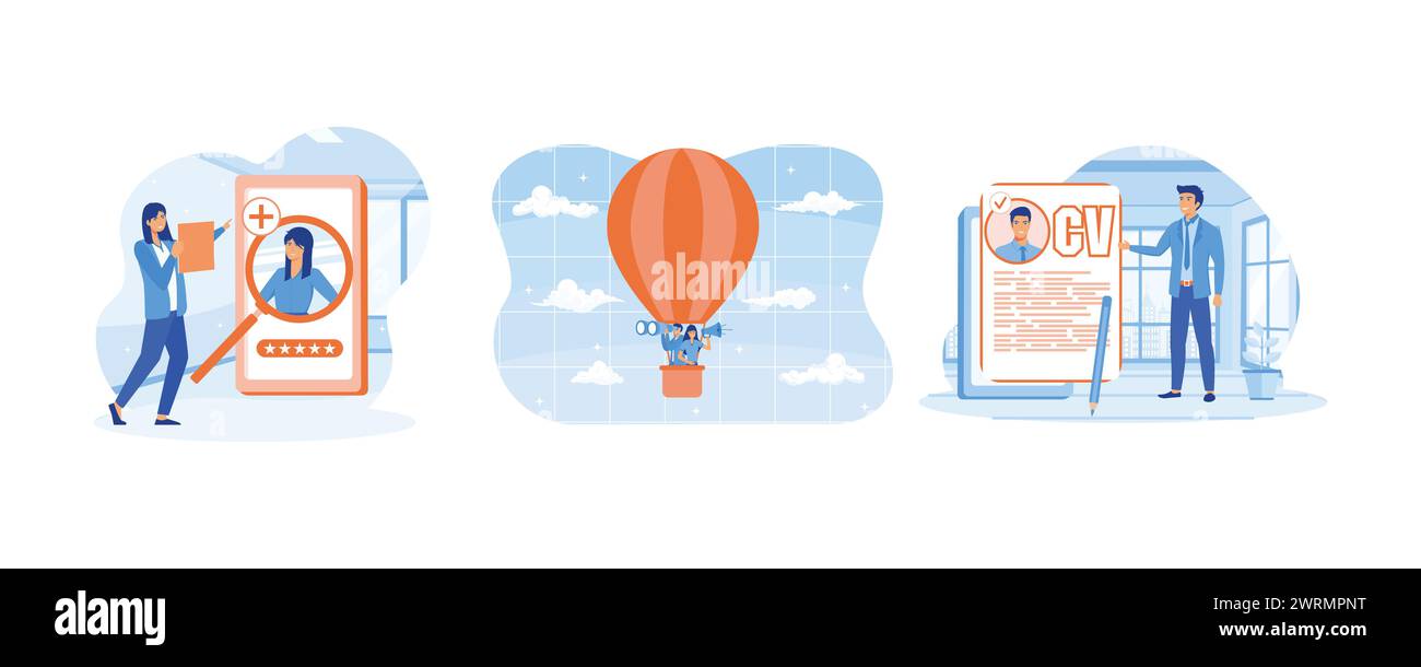 Job recruitment process, Hr managers flying on air balloon, Searching job candidate and reading CV. Set flat vector modern illustration Stock Vector