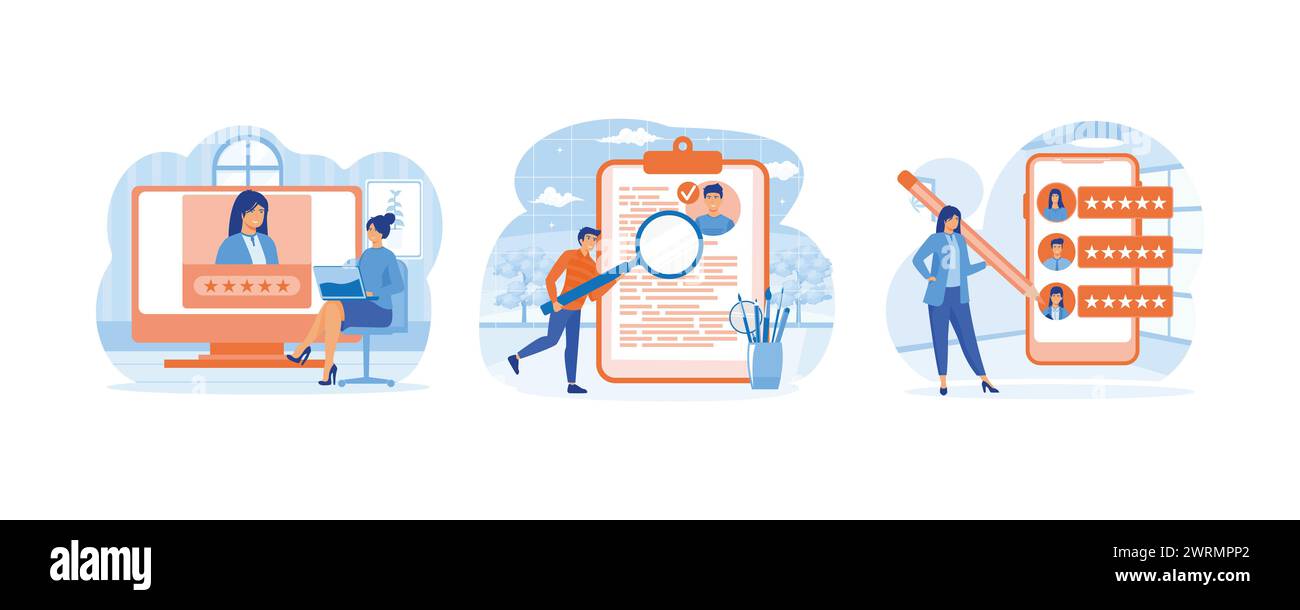 Job recruitment process. Reading CV and giving job candidate review. The character of a person applying for a job position. Set flat vector modern ill Stock Vector