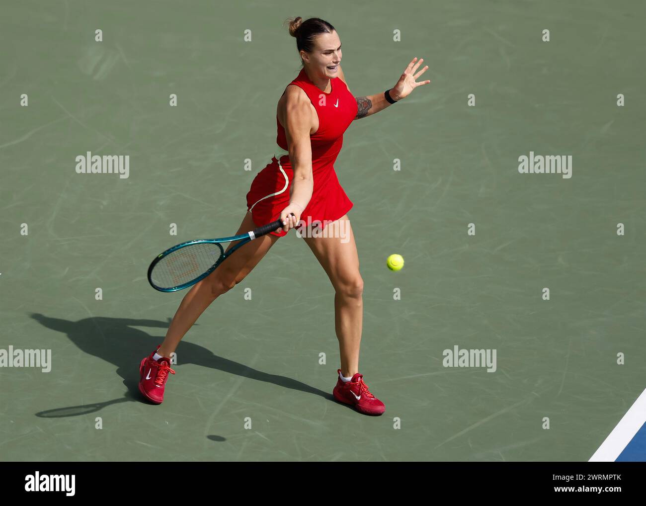 Aryna Sabalenka in action at the 2024 Dubai Duty Free Tennis