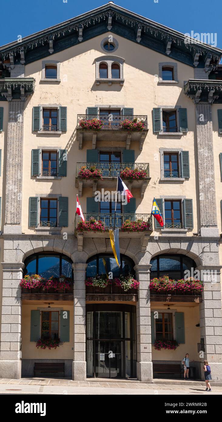 Facade of the town hall of the popular tourist destination in the French Alps in summer, Chamonix, Haute Savoie, Auvergne Rhone Alpes, France Stock Photo