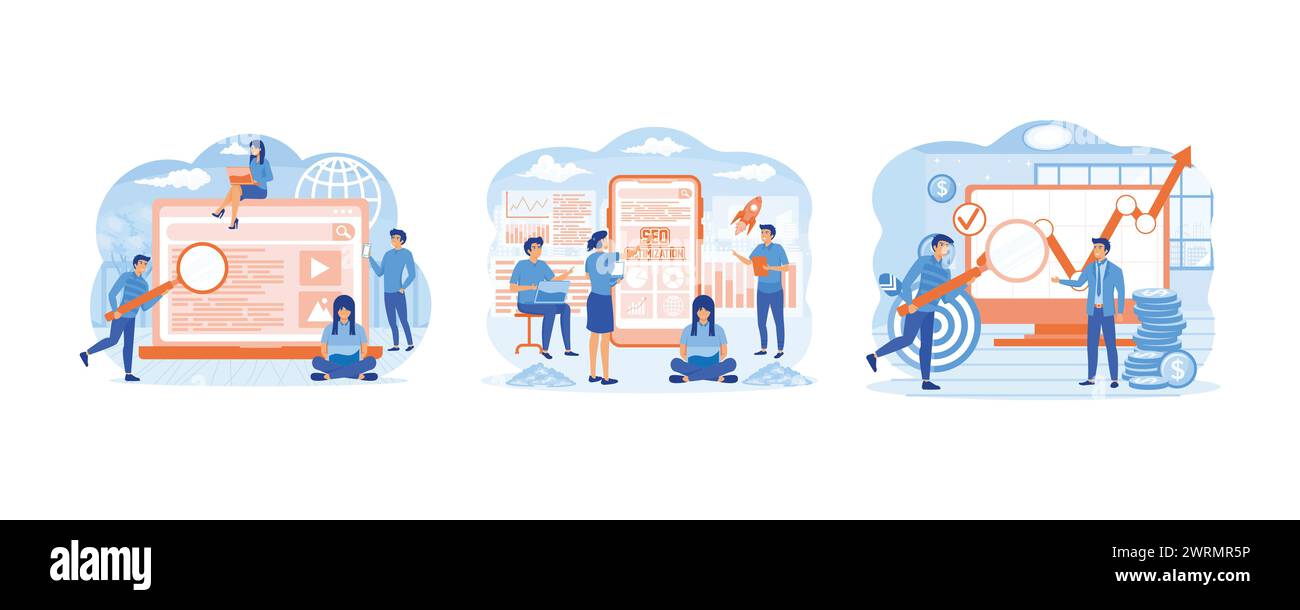 Search engine answering users questions. Search engine optimization. Website ranking, advertising, strategy idea. Set flat vector modern illustration Stock Vector