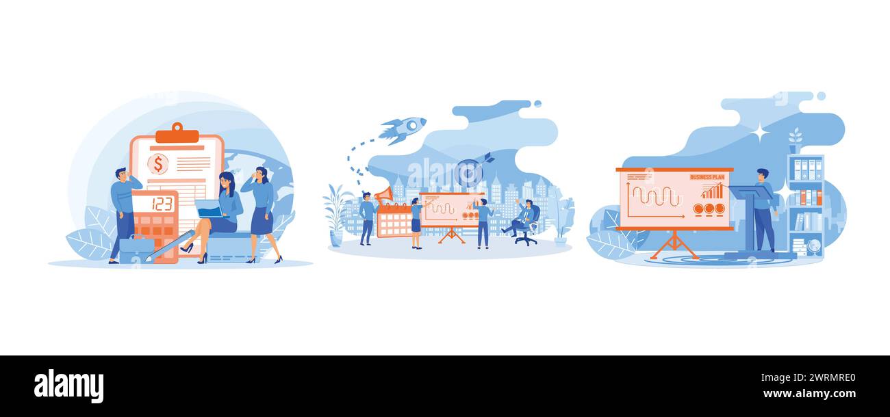 Financial management. People work together making a plan on a board. Business planning, management, organization, success strategy. Set flat vector mo Stock Vector