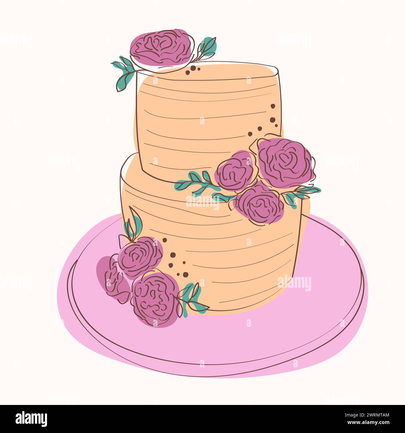 A two-tiered cake decorated with hand-painted flowers on the top layer. The cake appears to be intricately designed and visually appealing Stock Vector