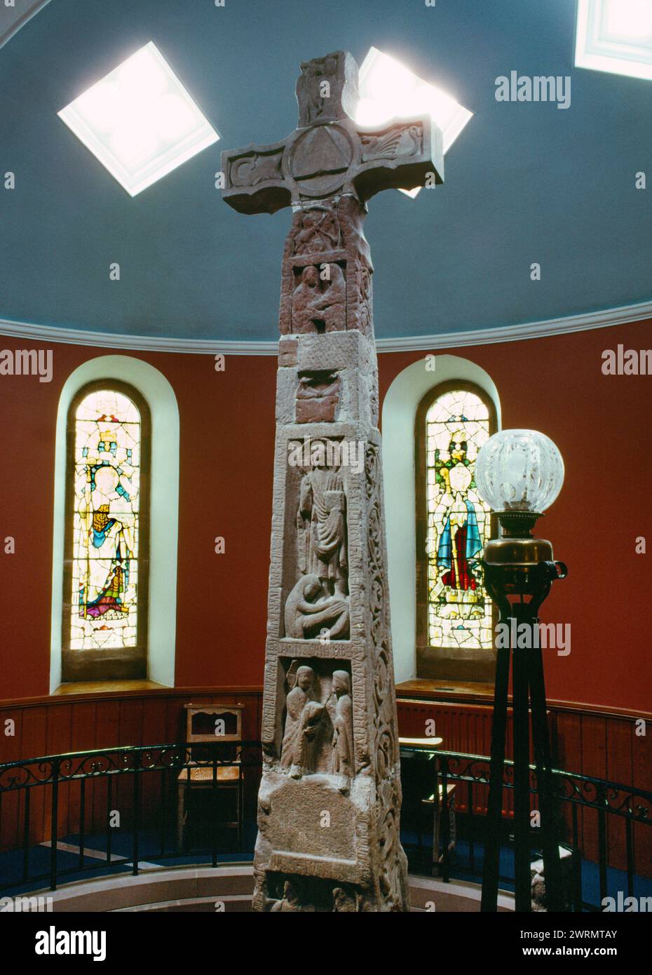 An early C8th Anglian preaching & teaching cross placed in the sunken-floored apse of Ruthwell Parish Church, Dumfries and Galloway, Scotland, UK. Stock Photo