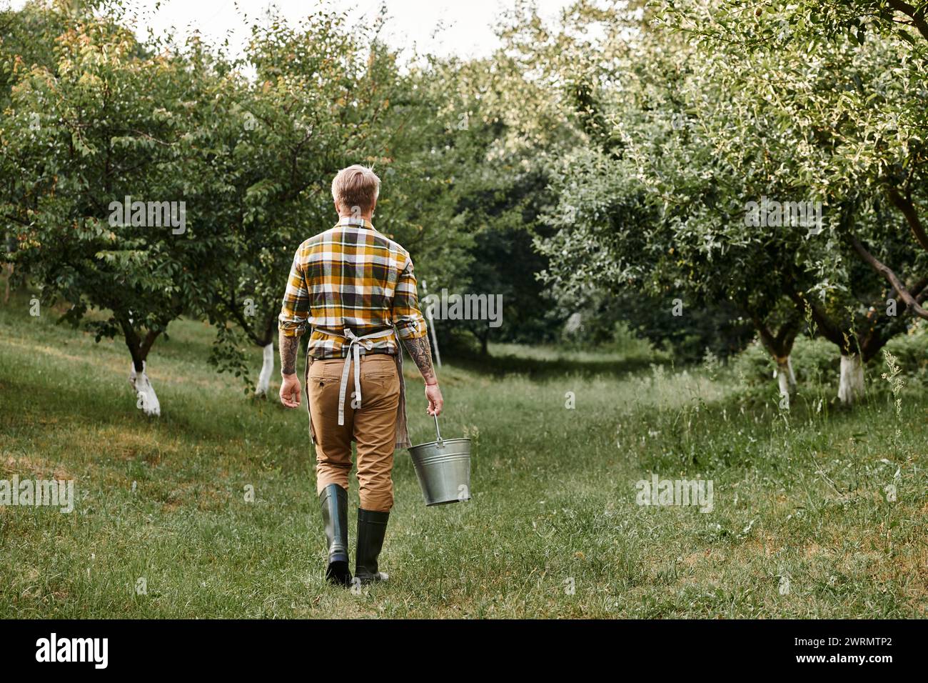 back view hardworking man with tattoos on arms working in garden and holding metal bucket in hand Stock Photo