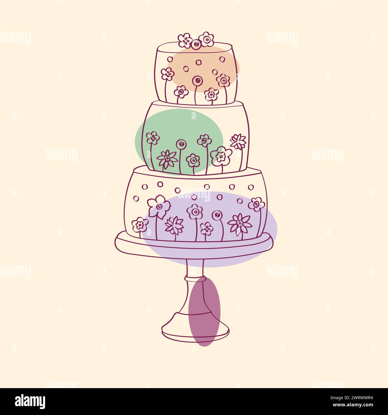 A three-layer cake with icing and decorations ready to be served. The cake is colorful and inviting, with different flavors and textures visible on each layer Stock Vector