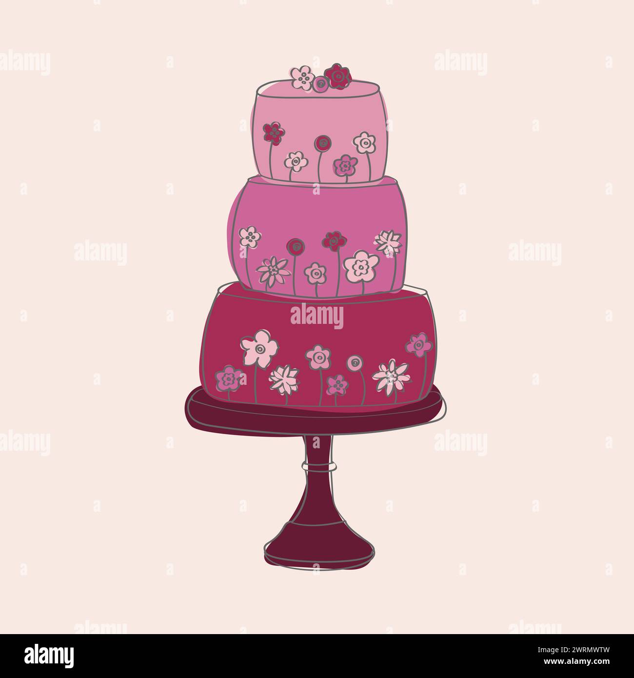 A three-tiered cake decorated with colorful flowers is displayed. The cake is hand-painted with intricate designs and topped with blooming flowers in various shades Stock Vector