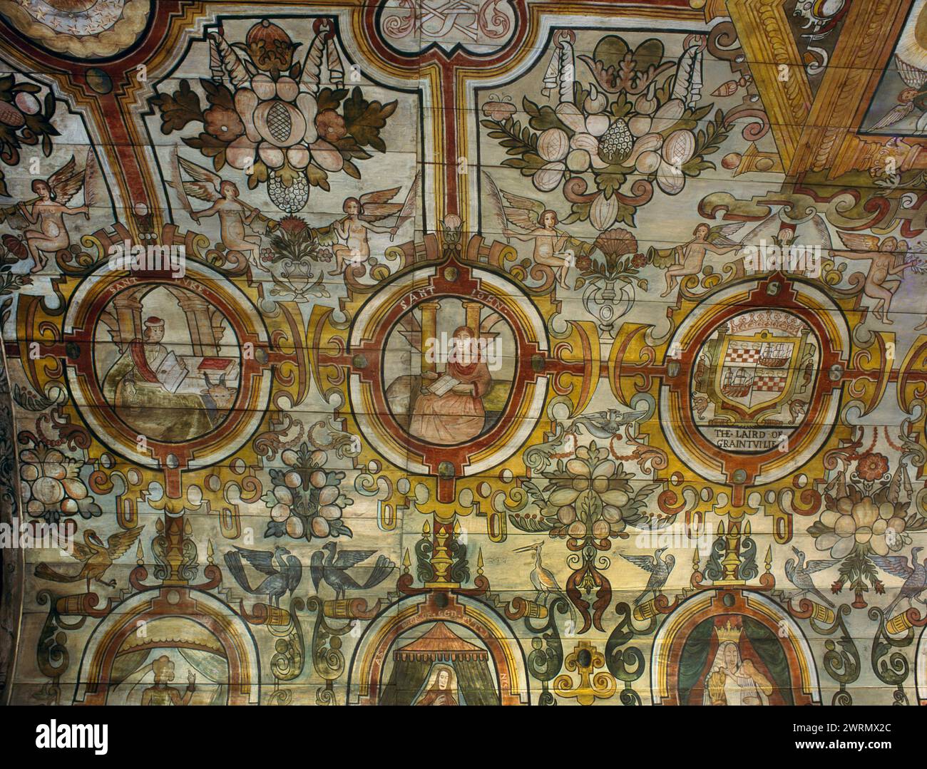 North side of the west end of the C17th (1636) Renaissance-style painted timber ceiling of St Mary's Church, Grandtully, Perthshire, Scotland, UK. Stock Photo