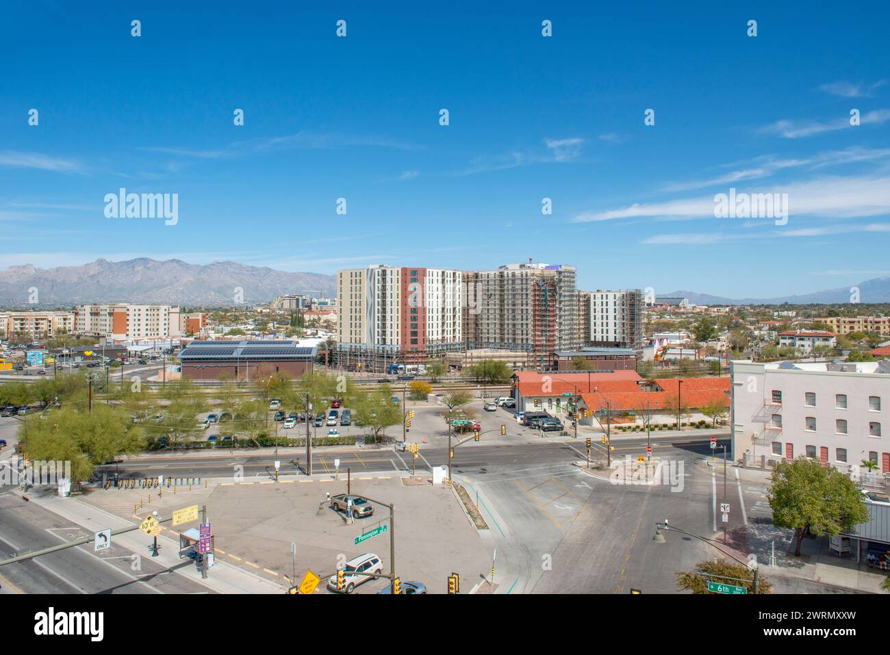 Aerial view of new construction behind the railway station in the 6th and Toole area of Tucson AZ Stock Photo