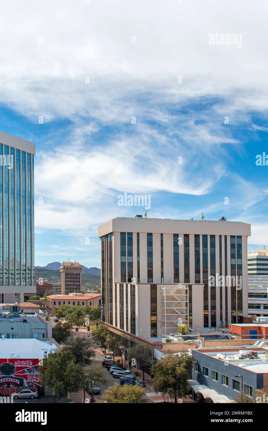 View of the wall murals and skyscrapers of downtown Tucson in Arizona Stock Photo