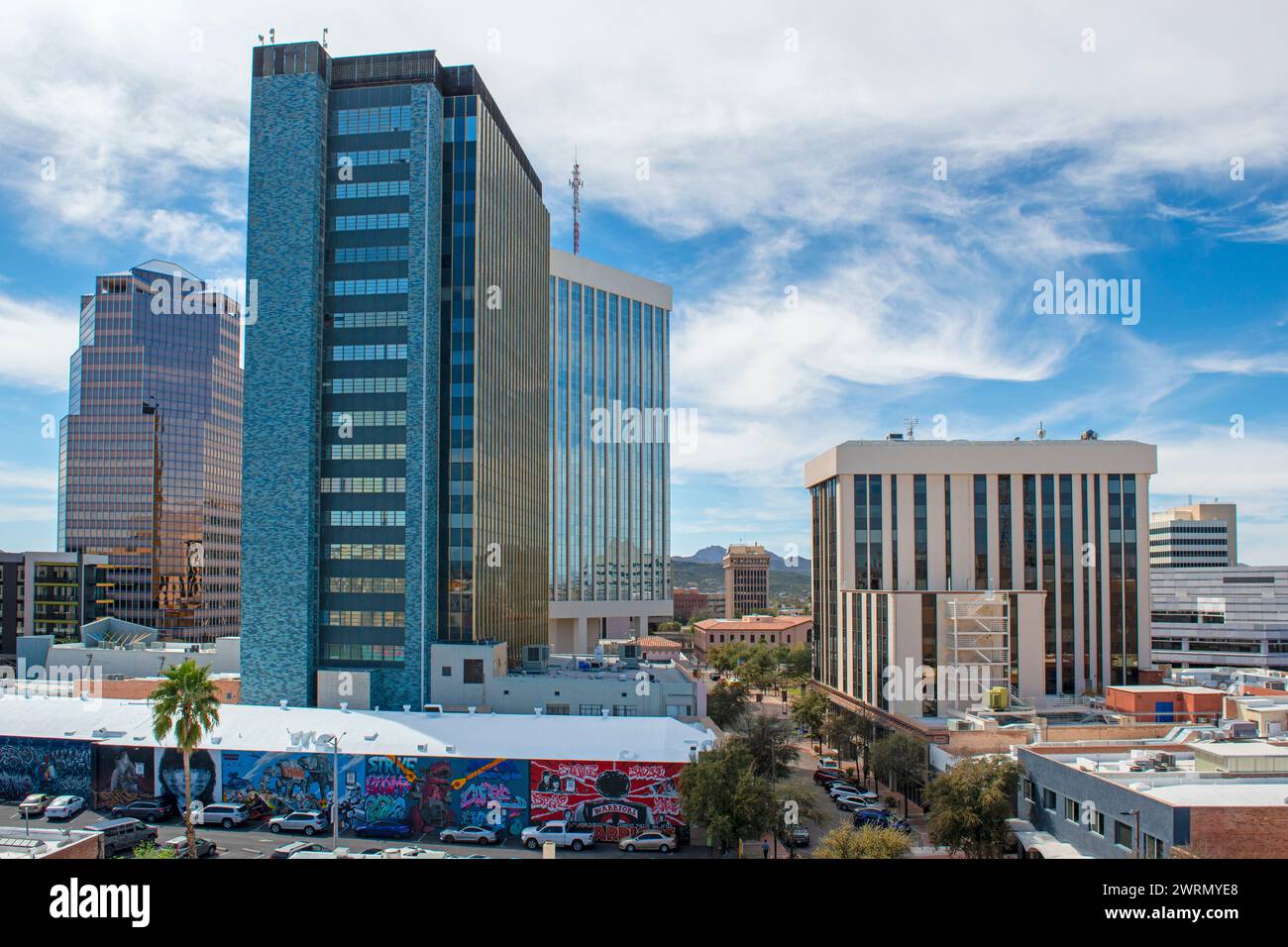 View of the wall murals and skyscrapers of downtown Tucson in Arizona Stock Photo