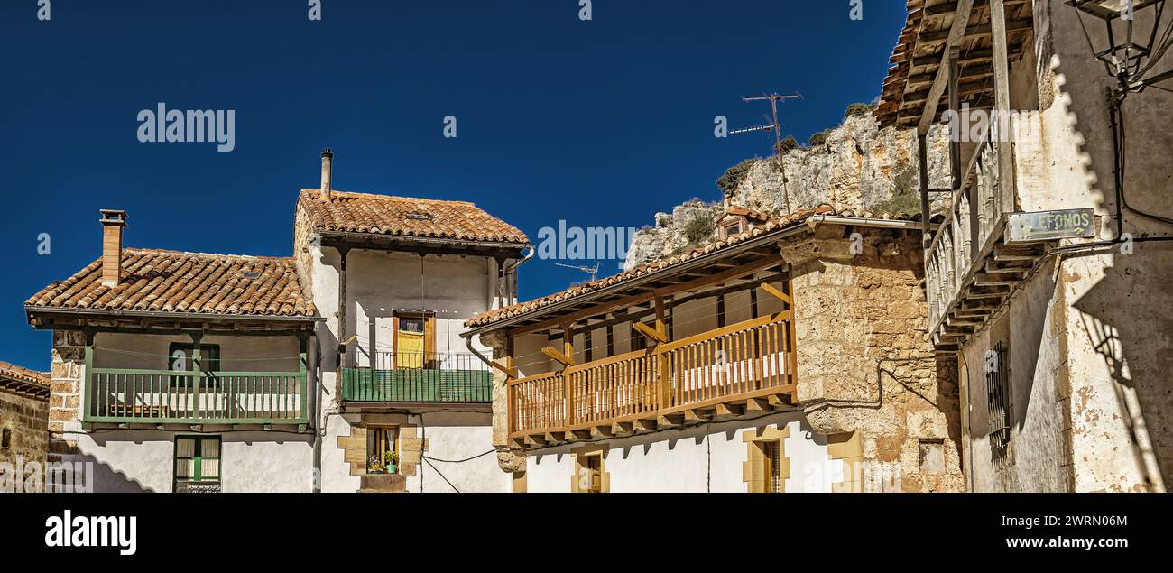 Traditional Architecture, Old Town, Orbaneja del Castillo, Medieval Village, Comarca del Páramo, Valley of Sedano, Burgos, Castilla y León, Spain, Eur Stock Photo