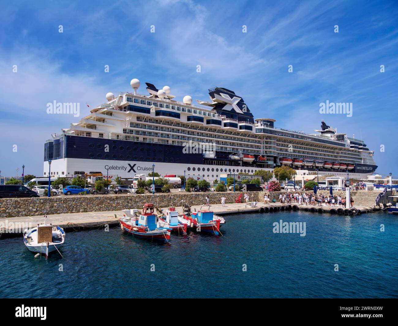 Cruise Ship at the Mykonos New Port, Mykonos Island, Cyclades, Greek Islands, Greece, Europe Copyright: KarolxKozlowski 1245-3457 Stock Photo