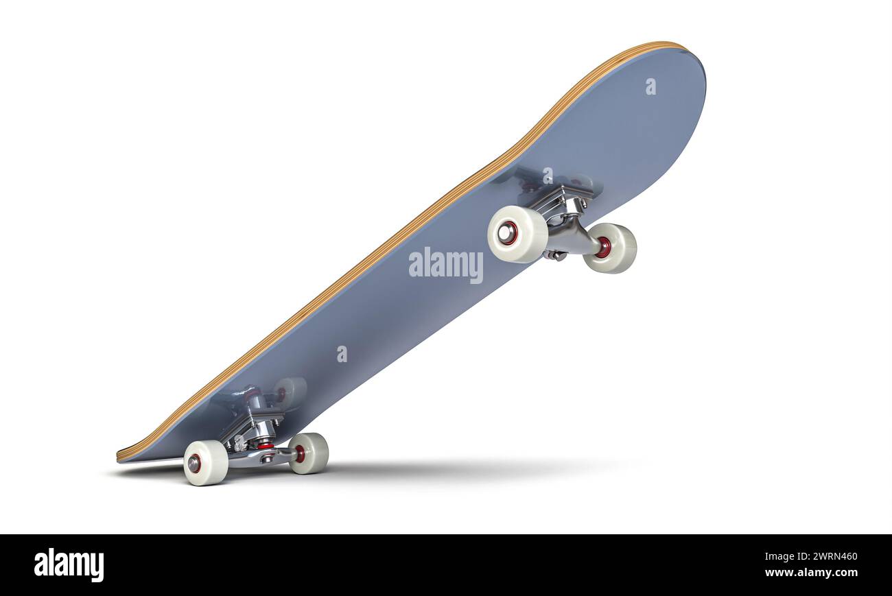 3d rendering of a skateboard caught mid-air on an isolated white backdrop Stock Photo
