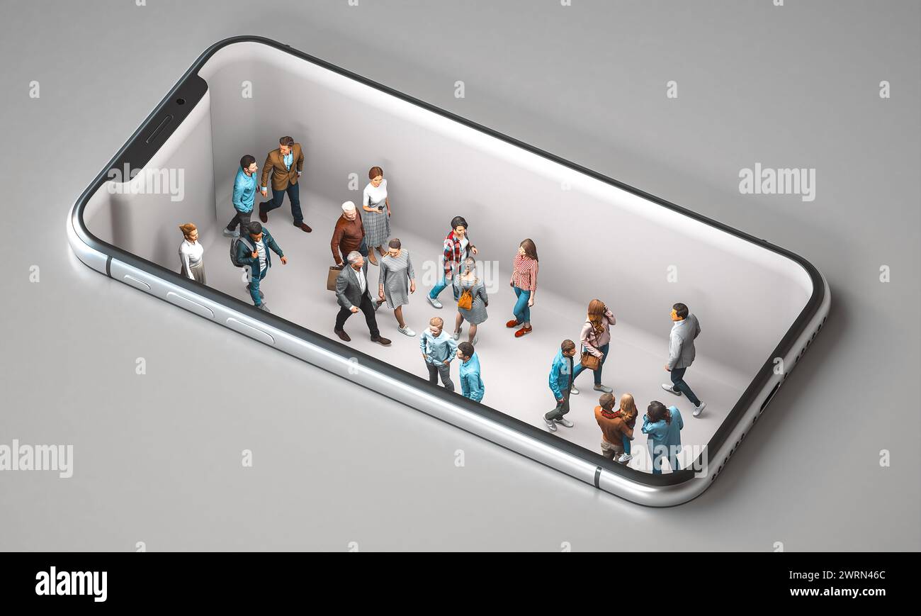 A conceptual image featuring small 3d figures inside a smartphone Stock Photo