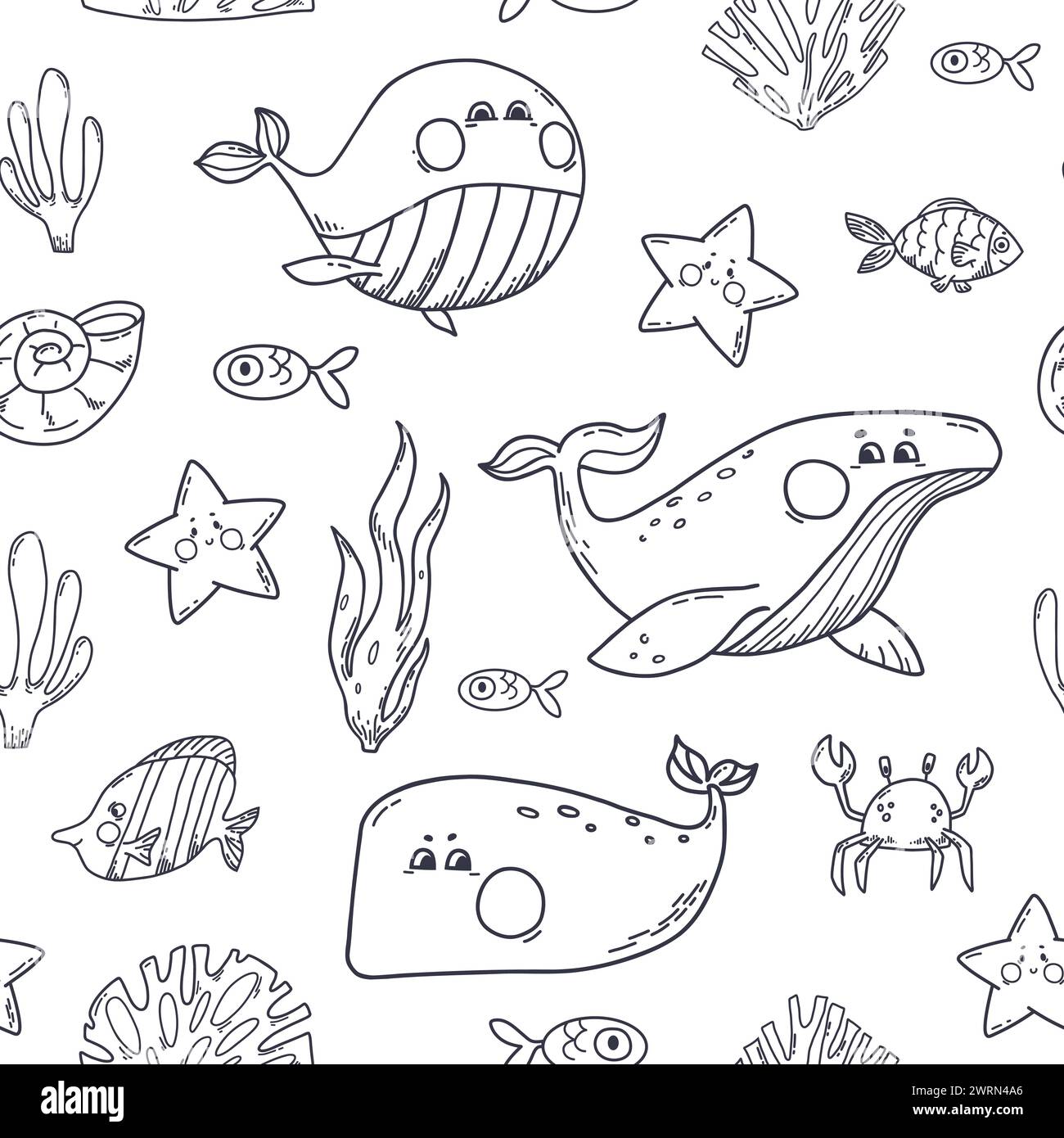 Seamless Pattern with whales, fishes and seaweed. Vector illustration