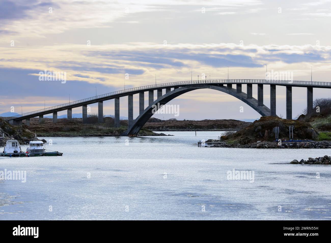 Nordic landscape at the Norwegian island Froeya located in the central part of Norway. View of the bridge at the island Froeya. Stock Photo