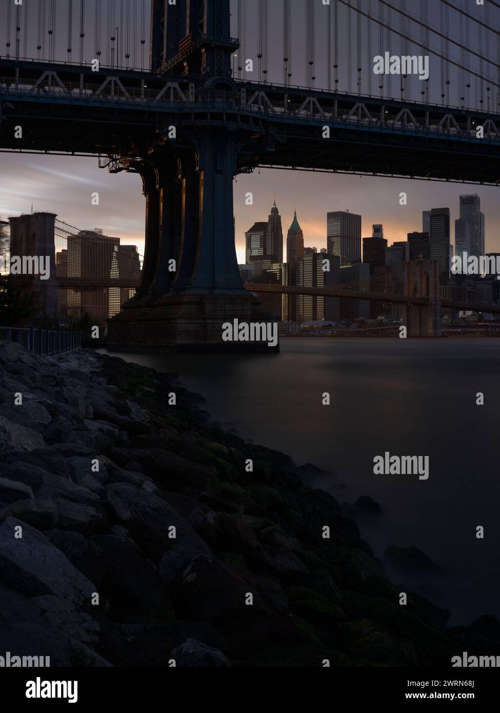 View of Manhattan Bridge and New York Skyline seen from Dumbo Brooklyn ...