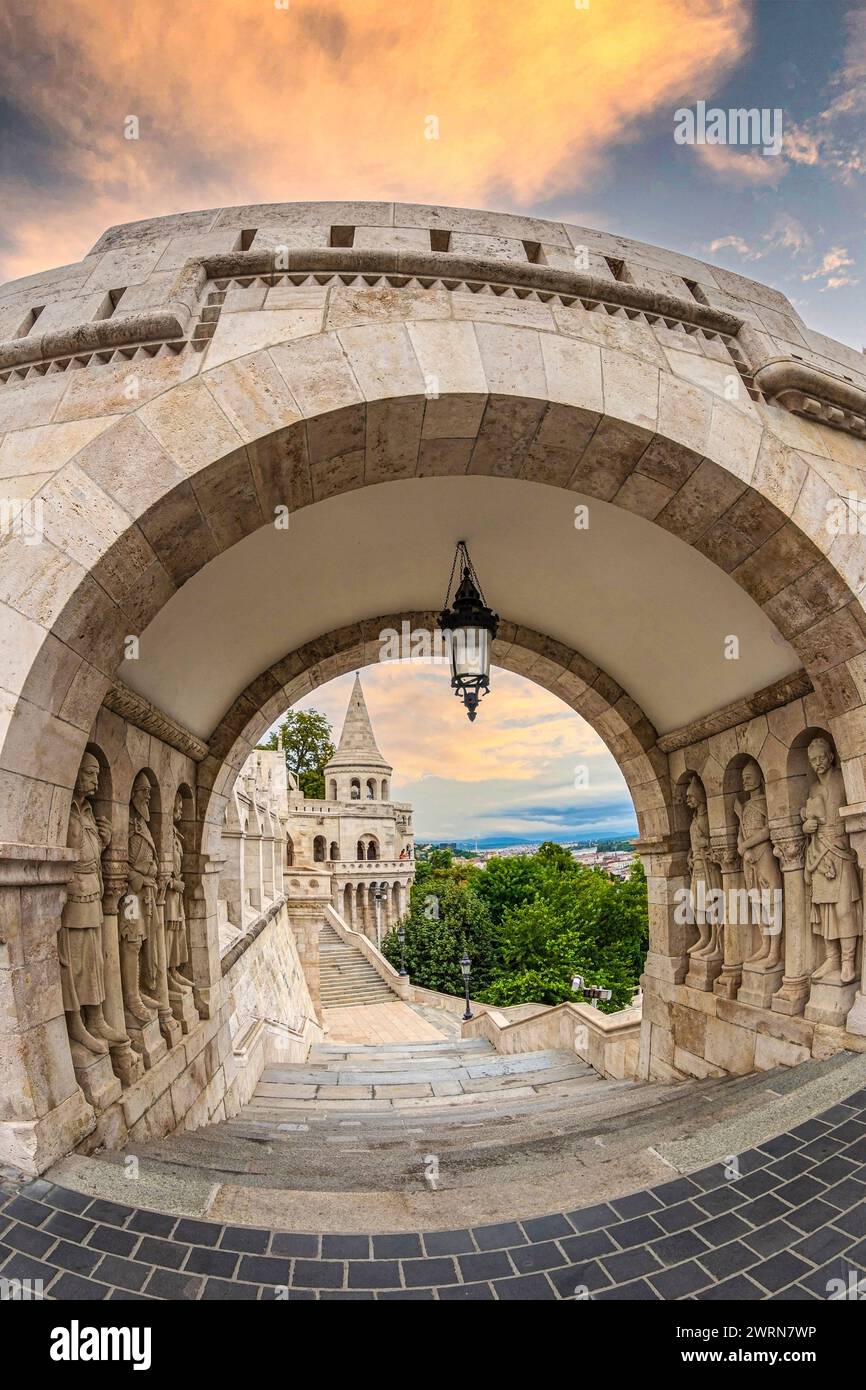 BUDAPEST, HUNGARY - AUGUST 23, 2021: South gate of the famous Fisherman's Bastion. It was designed and built between 1895 and 1902 on the plans of Fri Stock Photo