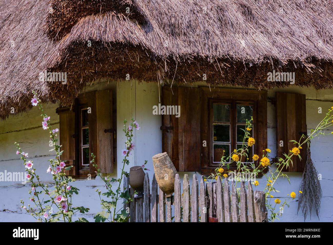 A window of an old country house with wooden shutters and flowers ...